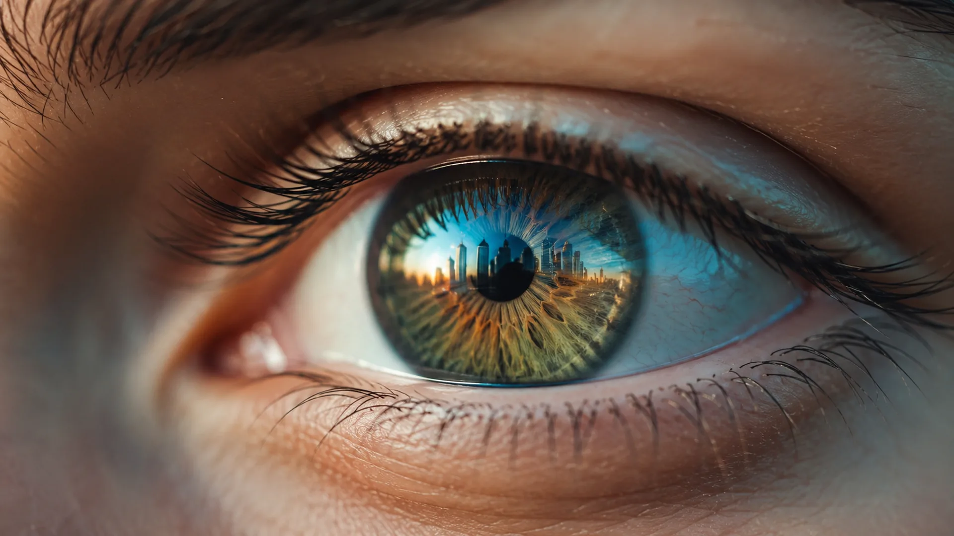 Close-up of an eye reflecting a city skyline