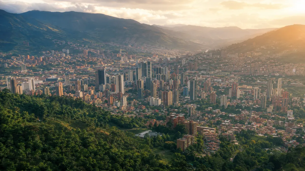 Aerial view of Medellín, Colombia at golden hour